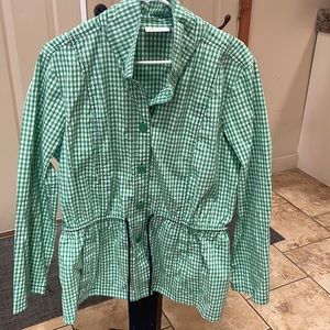 Gingham spring jacket. It is green and white with navy string at waist